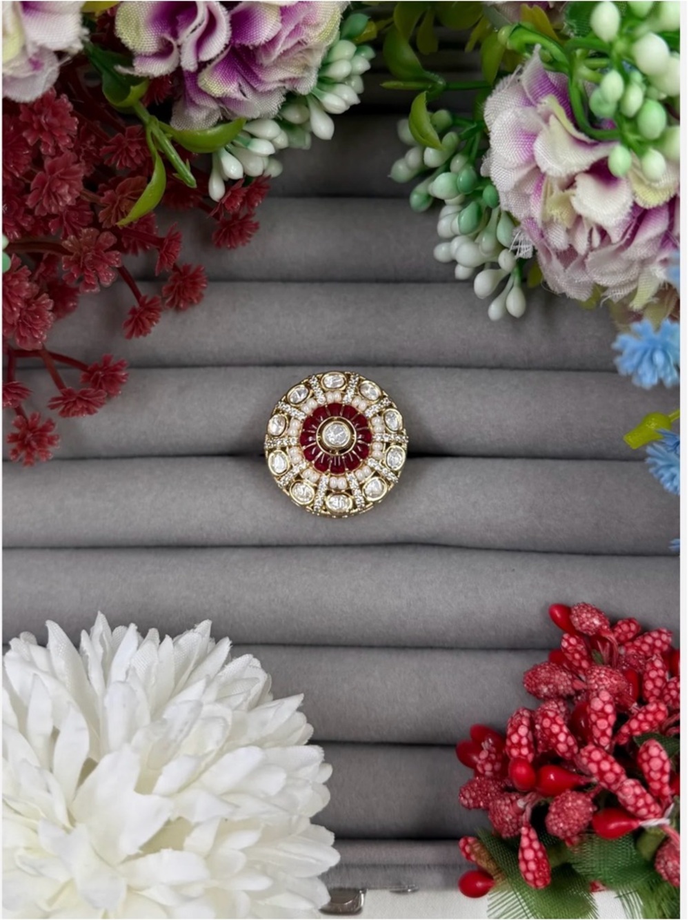 Gold-Tone Red and White Crystal Floral Statement Ring